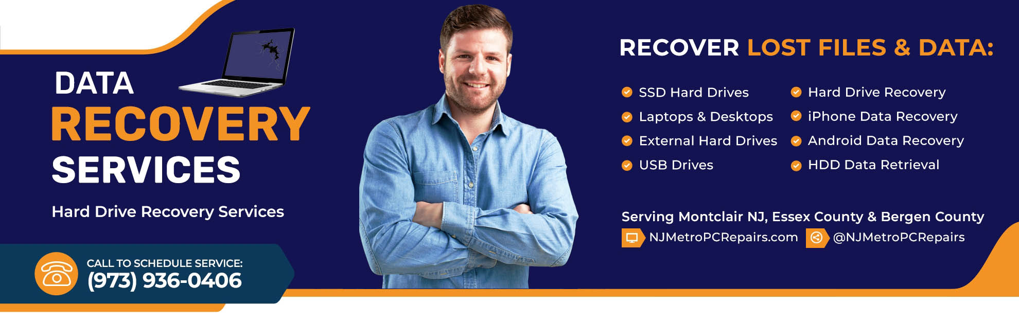 Banner Image with Confident Smiling Computer Repair Technician and A List Of Data Recovery Services